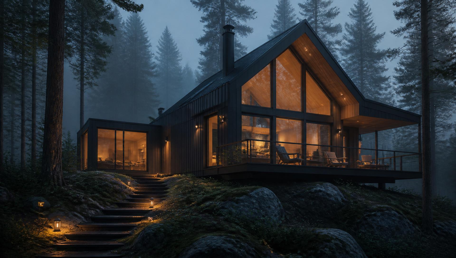 Modern architectural cabin glowing warmly in a misty pine forest at dusk